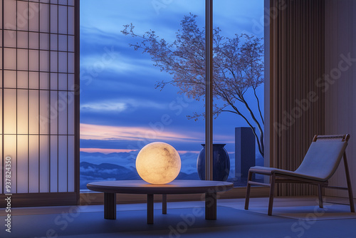 The minimal Japandi home relaxing with large window and mountain view featuring a small round table photo