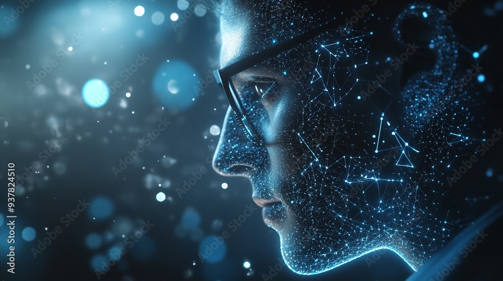 Man using technology with a backdrop of virtual communication and financial networks Man using technology with a backdrop of virtual communication and financial networks