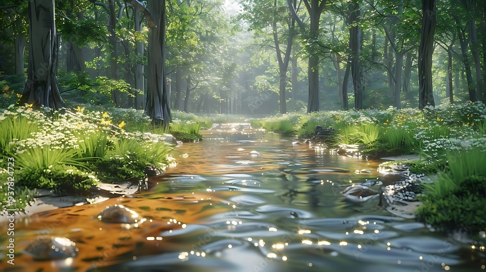 Obraz premium A serene forest scene with a flowing stream surrounded by lush greenery and blooming flowers.