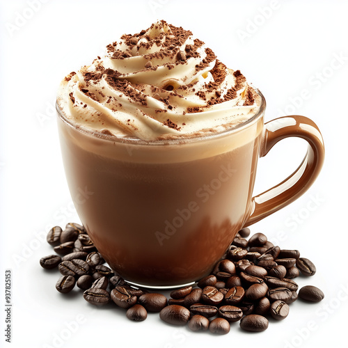 The photo of coffee cup various menu surrounded by coffee beans on a white background