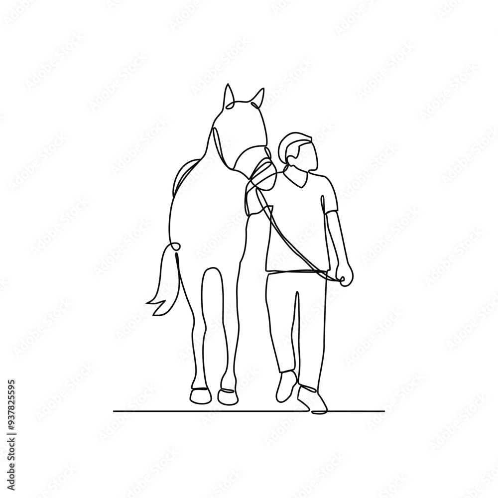 One continuous line drawing of
someone is leading his horse vector illustration. Animal themes design concept in simple linear style vector. Good asset for educational presentation animal purpose. One continuous line drawing of
someone is leading his horse vector illustration. Animal themes design concept in simple linear style vector. Good asset for educational presentation animal purpose.