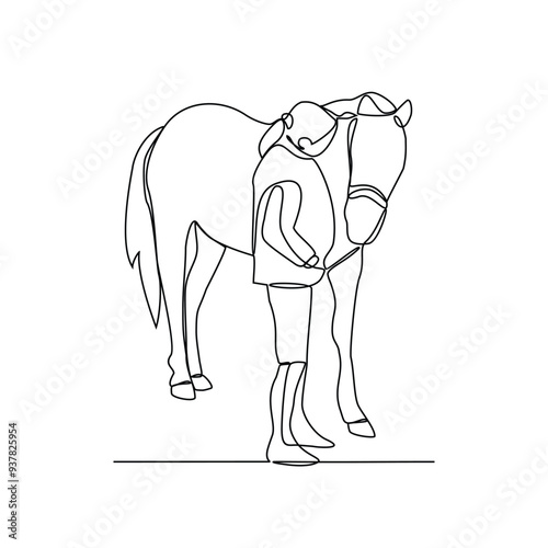 One continuous line drawing of 
someone is leading his horse vector illustration. Animal themes design concept in simple linear style vector. Good asset for educational presentation animal purpose.