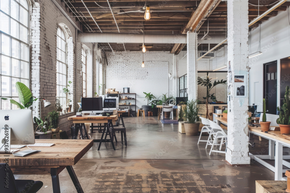 Urban industrial-style office space with white brick texture walls and minimalist workstations. Urban industrial-style office space with white brick texture walls and minimalist workstations.