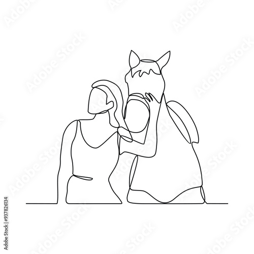One continuous line drawing of 
someone is leading his horse vector illustration. Animal themes design concept in simple linear style vector. Good asset for educational presentation animal purpose.
