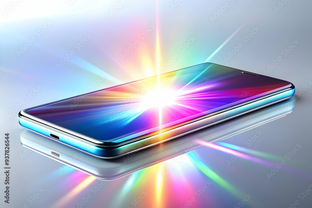 Holographic Smartphone on Sleek Background - Close-Up Modern Device with Light Beams, Reflection on White Surface | Photo Stock Concept Holographic Smartphone on Sleek Background - Close-Up Modern Device with Light Beams, Reflection on White Surface | Photo Stock Concept