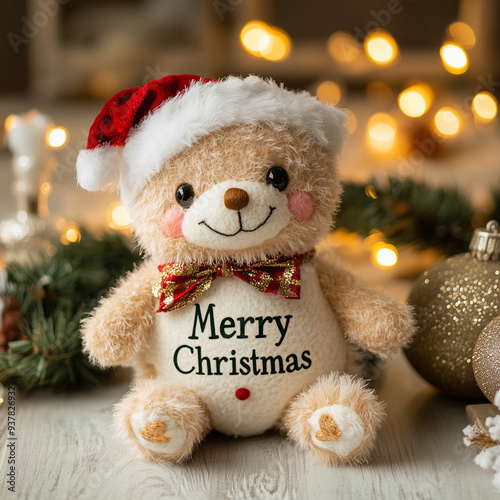 cute cuddly fuzzy Christmas toy with the words "Merry Christmas" across the toy