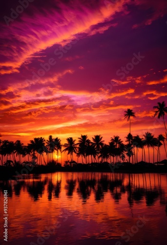 vibrant palm silhouettes framing stunning sunset rich purple hues sky, orange, pink, horizon, landscape, tree, nature, dusk, evening, light, clouds