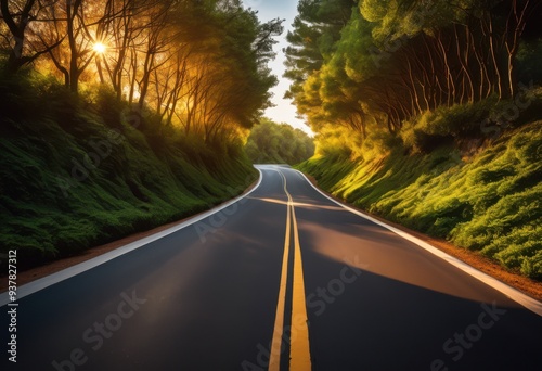 vibrant road landscape striking guiding lines illustrating movement directionality, asphalt, highway, travel, scenery, path, journey, urban, design photo