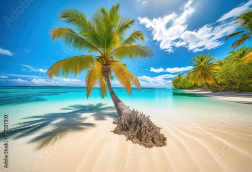 vibrant coastal scenery featuring lush palm trees crystal clear waters under bright blue skies, beach, ocean, tropical, landscape, sunlight, island, paradise