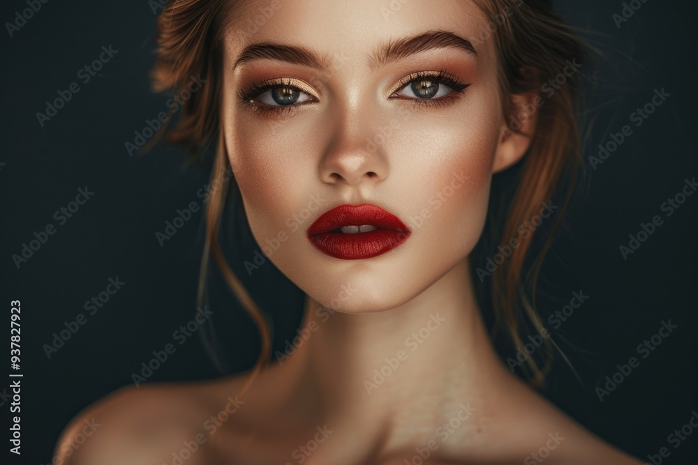 glamorous Caucasian woman with flawless evening makeup, captured against a dark studio background glamorous Caucasian woman with flawless evening makeup, captured against a dark studio background