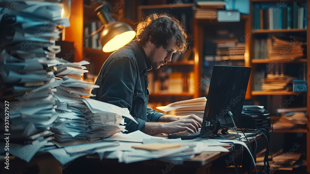 An office worker typing on a computer with mildly exaggerated colors and floating papers An office worker typing on a computer with mildly exaggerated colors and floating papers