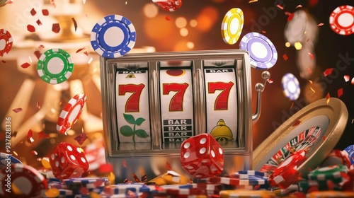 Wallpaper Mural Casino Slot Machine with Winning Symbols and Flying Chips - A vibrant scene of a slot machine hitting the jackpot, surrounded by flying dice, chips, and confetti, capturing the excitement of winning. Torontodigital.ca