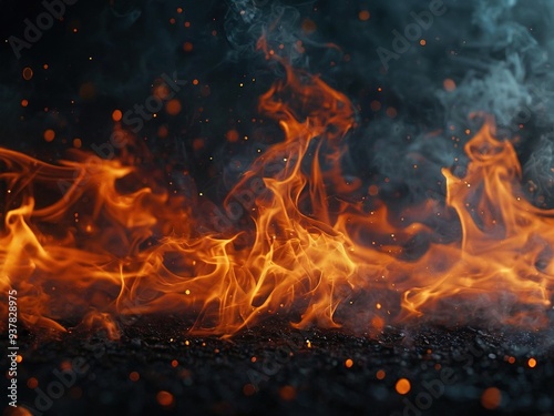 Fiery orange flames and smoke rising from a dark background with sparks flying up.