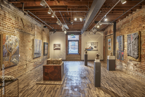 Eclectic art gallery with tinted brick walls and spotlighting.