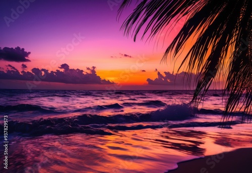 vibrant palm silhouettes set stunning sunset backdrop bright purple hues sky, contrast, colorful, orange, pink, landscape, tropical, evening, light, view, tree