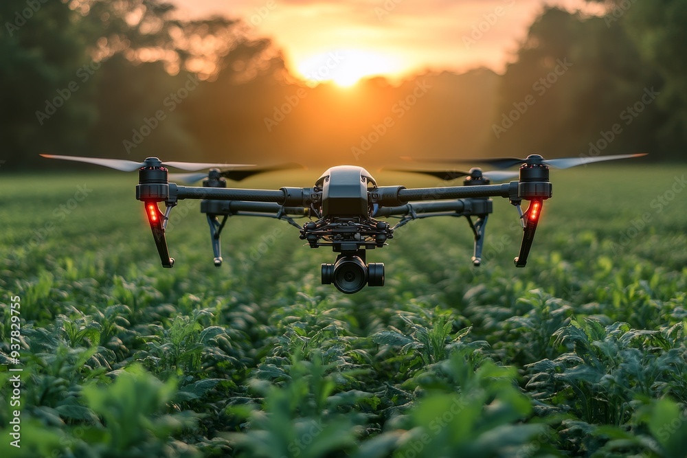 Drones flying over expansive farmland. Generative AI
