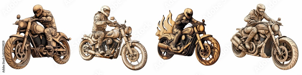 Sepia illustrations of motorcycle riders captured in aggressive racing poses, showcasing dynamic motion and intense focus on classic bikes. Sepia illustrations of motorcycle riders captured in aggressive racing poses, showcasing dynamic motion and intense focus on classic bikes.