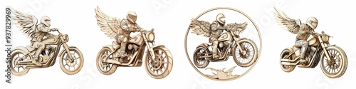 Sepia illustrations of motorcycle riders adorned with angel wings, captured in majestic motion, symbolizing freedom and grace on the road.