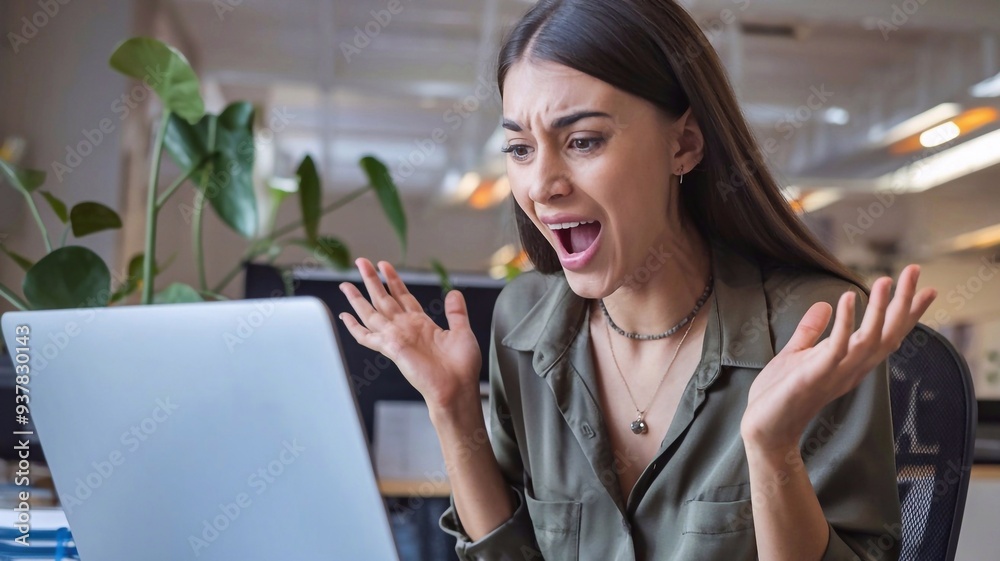 Young businesswoman with shocked excited face expression looking at laptop on office desk or table. Amazed at work or job,surprised manager or freelancer, wow, success, career Young businesswoman with shocked excited face expression looking at laptop on office desk or table. Amazed at work or job,surprised manager or freelancer, wow, success, career