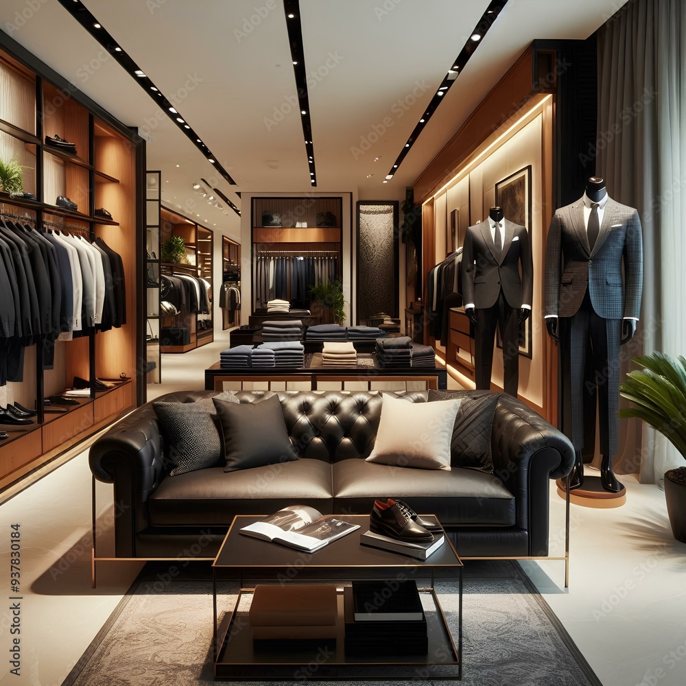 Fototapeta premium Luxury store of men clothing with black sofa, male wardrobe interior.