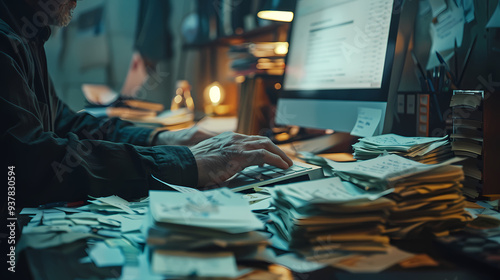 An office worker typing on a computer with mildly exaggerated colors and floating papers