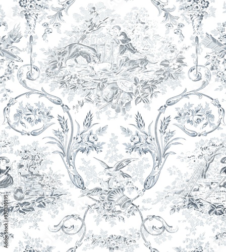 repetition of painted design in toile de jouy style