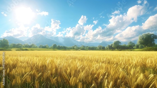 A serene landscape featuring golden wheat fields under a bright sky with mountains in the background.