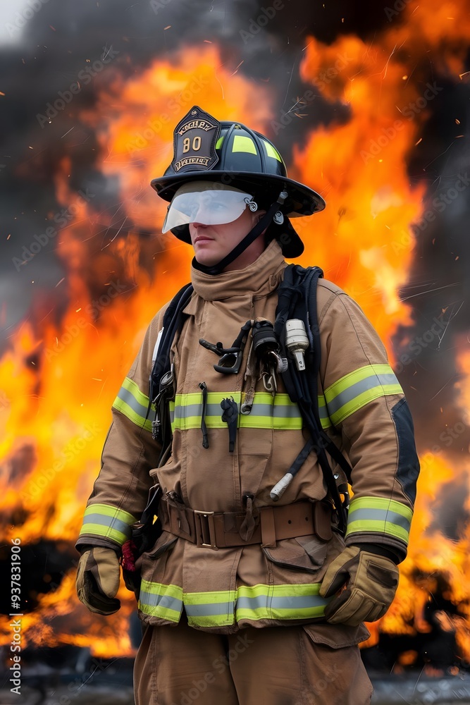 Firefighter with burning background Firefighter with burning background