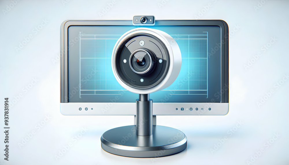 Modern Webcam on Flat Screen Monitor for Virtual Meetings | Technology Concept on White Background | Stock Photo Modern Webcam on Flat Screen Monitor for Virtual Meetings | Technology Concept on White Background | Stock Photo