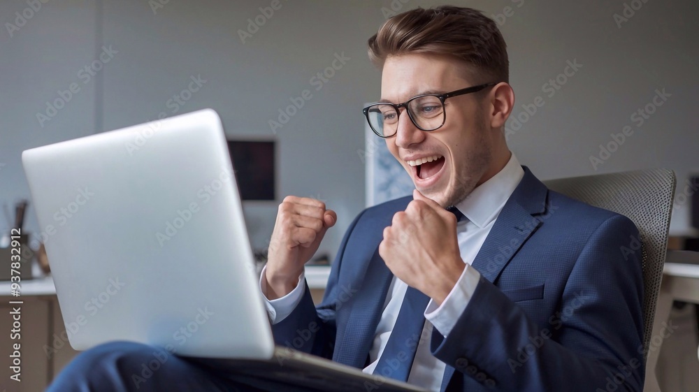 Excited young businessman sitting in his office, looking at the laptop computer device with surprised reaction. Wearing glasses andblue suit. Male person or entrepreneur shocked, wow face expression Excited young businessman sitting in his office, looking at the laptop computer device with surprised reaction. Wearing glasses andblue suit. Male person or entrepreneur shocked, wow face expression