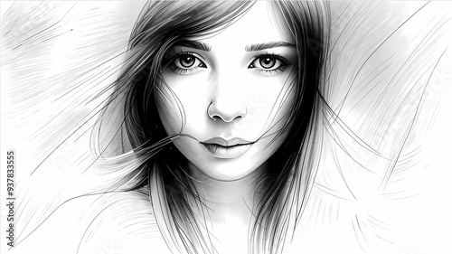 Portrait of a girl with developing hair. Pencil drawing.
