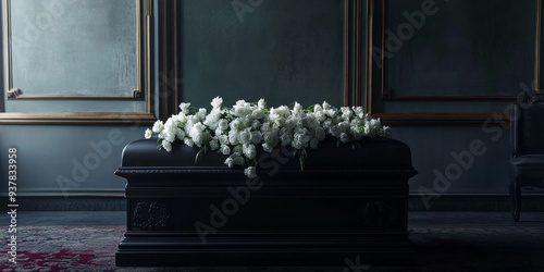 A black casket beautifully adorned with white roses in an elegant, dark room, evoking a sense of solemnity and reverence.
 photo