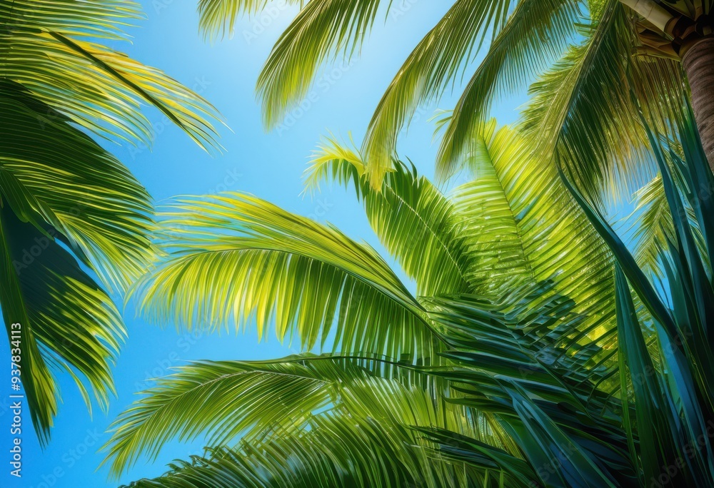 Fototapeta premium vibrant green palm leaves bright clear blue sky creating lively tropical atmosphere, nature, foliage, plant, sunlight, summer, outdoors, botany, texture