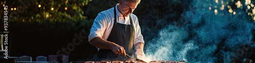 Middle-aged Caucasian man grilling steaks on a charcoal grill in the backyard