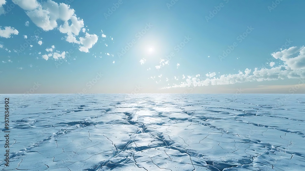 A serene icy landscape under a bright sky with scattered clouds, evoking tranquility and vastness. A serene icy landscape under a bright sky with scattered clouds, evoking tranquility and vastness.
