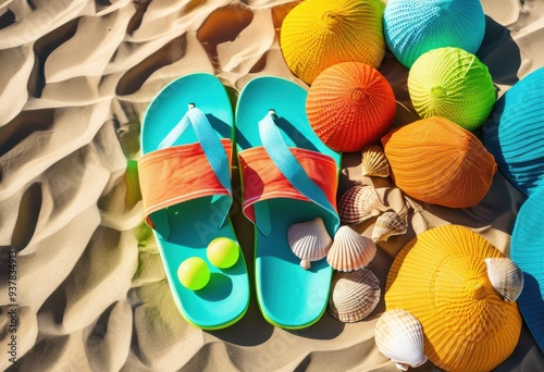 vibrant display colorful beach accessories brightly colored towels perfect summer fun relaxation, sun, sand, ocean, design, style, pattern, texture, sunhat photo