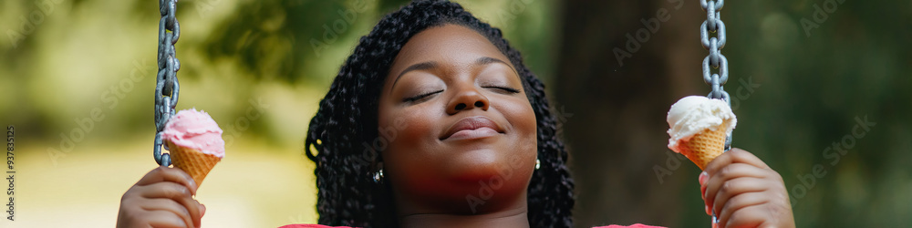 Plus-size Large Obese African American woman enjoying ice cream while sitting on a swing set Plus-size Large Obese African American woman enjoying ice cream while sitting on a swing set