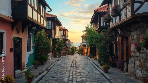 Traditional street in the old town of Sozopol Bulgaria : Generative AI