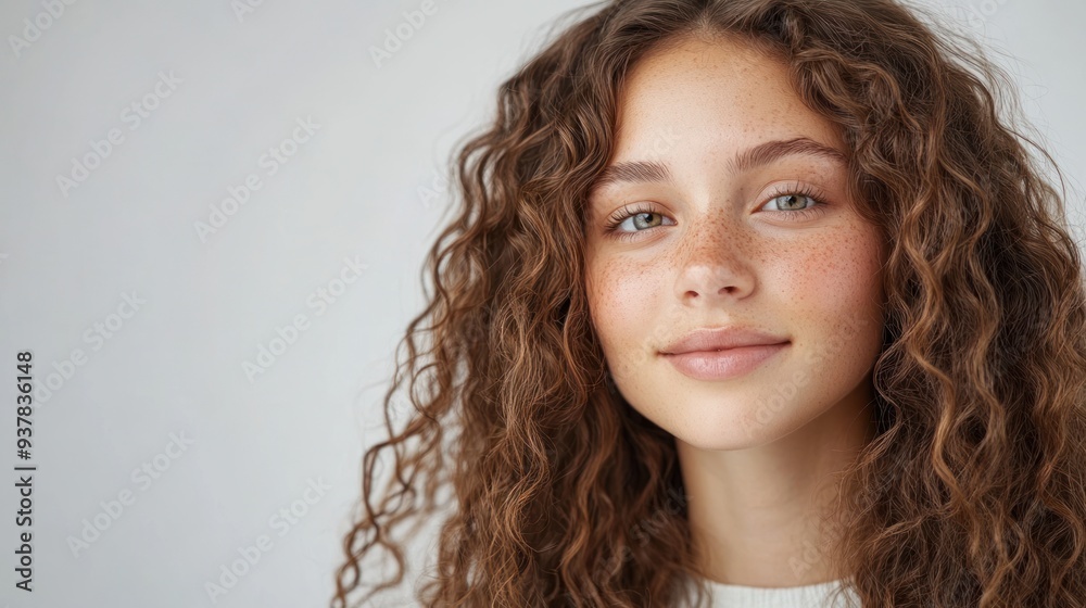 Beautiful Woman with Long Curly Hair - Portrait of a beautiful woman with long, voluminous curly hair, exuding natural beauty and confidence in a minimalist setting. Beautiful Woman with Long Curly Hair - Portrait of a beautiful woman with long, voluminous curly hair, exuding natural beauty and confidence in a minimalist setting.