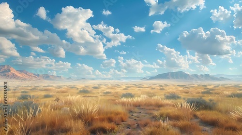 A serene landscape featuring vast grasslands, distant mountains, and a bright blue sky with fluffy clouds.