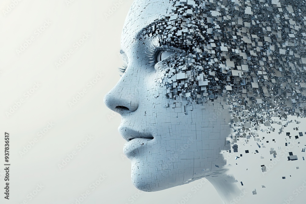 Digital human face disintegrating into pixels Digital human face disintegrating into pixels