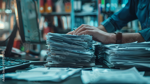An office worker typing on a computer with mildly exaggerated colors and floating papers