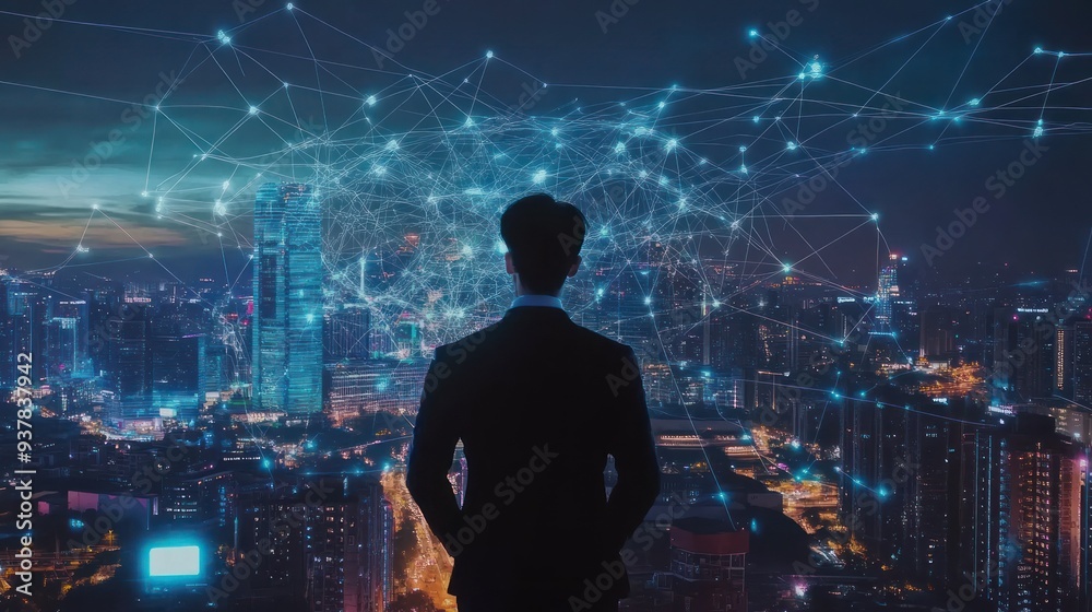 Fototapeta premium Generate Ai A Vision of Connectivity: Businessman in a Cityscape with Network Connections