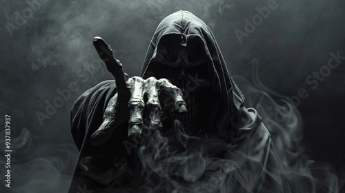 Scary grim reaper in a dark room with smoke. Halloween concept.