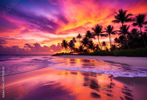 stunning beach sunset vibrant colors brilliant sky reflections over calm water, clouds, horizon, orange, pink, blue, light, nature, scenery, landscape