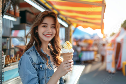 A woman with food truck holding ice-cream at outdoor market festival. Food truck concept