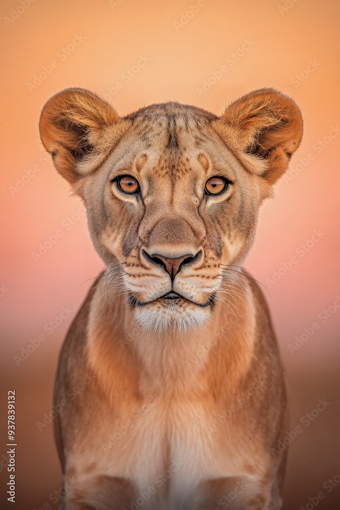 A portrait of an African lioness with warm tones, looking directly into the camera. The background is a soft pastel orange sky, creating a calm and serene atmosphere. A portrait of an African lioness with warm tones, looking directly into the camera. The background is a soft pastel orange sky, creating a calm and serene atmosphere.