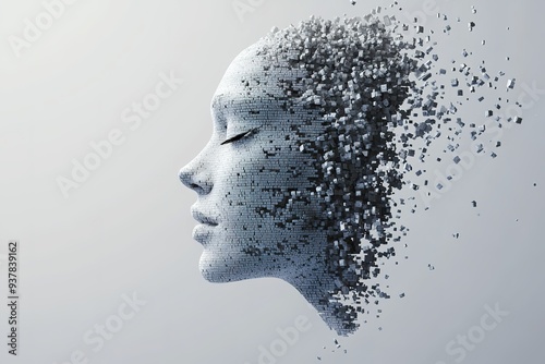 Digital head disintegrating into pixels, conceptual technology