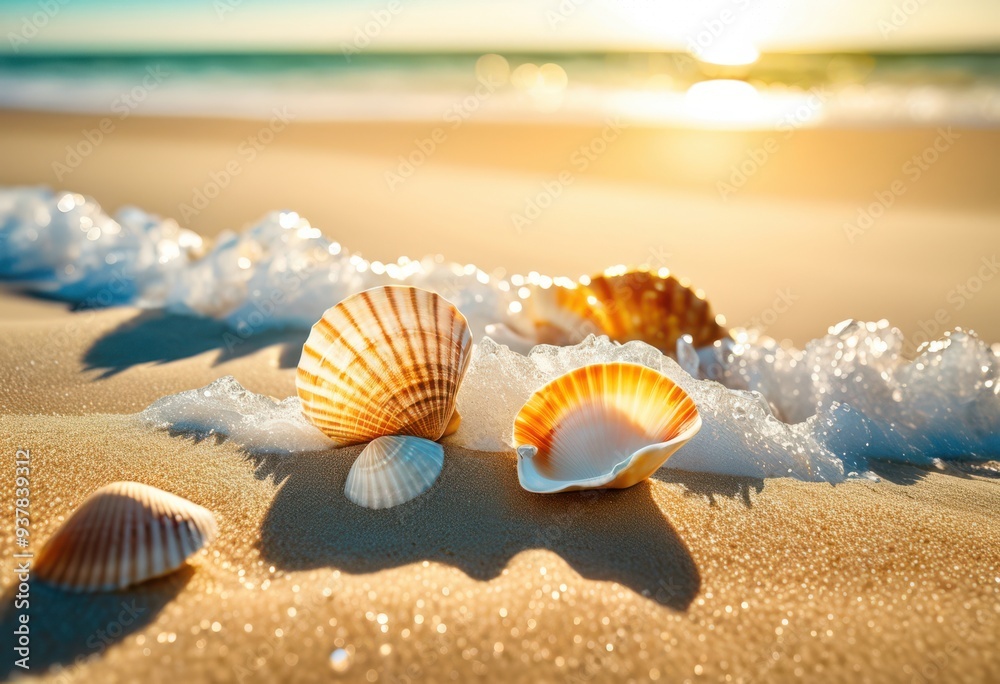 colorful seashells lying beautiful sandy beach surrounded crystal clear water soft waves under bright sunlight, shore, ocean, nature, landscape, tropical colorful seashells lying beautiful sandy beach surrounded crystal clear water soft waves under bright sunlight, shore, ocean, nature, landscape, tropical