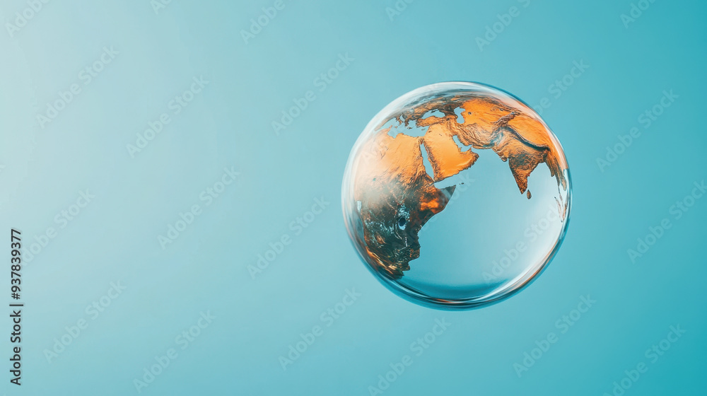 A transparent globe with focus on continents of Asia and Africa, floating against blue background. A transparent globe with focus on continents of Asia and Africa, floating against blue background.